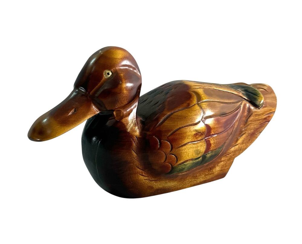 Vintage Korean Hand Carved Painted Wood Duck Figurine Folk Art 9.5” Marked